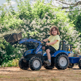 Duży Traktor dla Dzieci New Holland na pedały z przyczepą i łyżką od 3 lat FALK