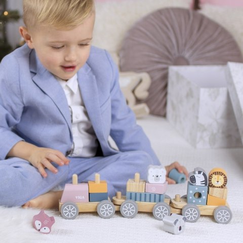 Drewniana Kolejka z wagonikami i zwierzątkami do ciągnięcia PolarB Viga Toys