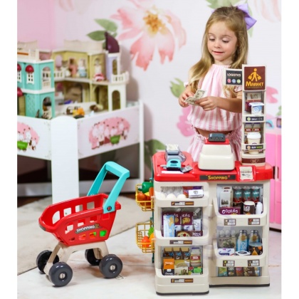 Sklep Supermarket dla dzieci z Wózkiem Sklepowym Waga Kasa Skaner + 48 Akc. Woopie
