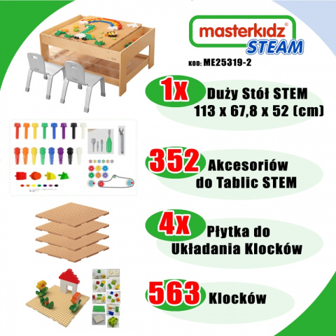MASTERKIDZ Drewniany Stół Edukacyjny do przedszkola szkoły + AKCESORIA STEM WALL + 563 Klocków MASTERKIDZ Drewniany Stół Edukacyjny do przedszkola szkoły + AKCESORIA STEM WALL + 563 Klocków