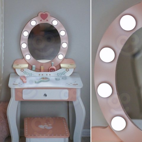 Drewniana Toaletka z Krzesełkiem dla dziewczynki Akcesoria Lustro LED + Kosmetyki TOOKY TOY