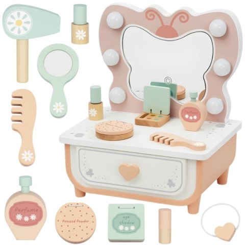 TOOKY TOY Drewniana Toaletka Motyl Akcesoria Lustro z Oświetleniem LED + Kosmetyki