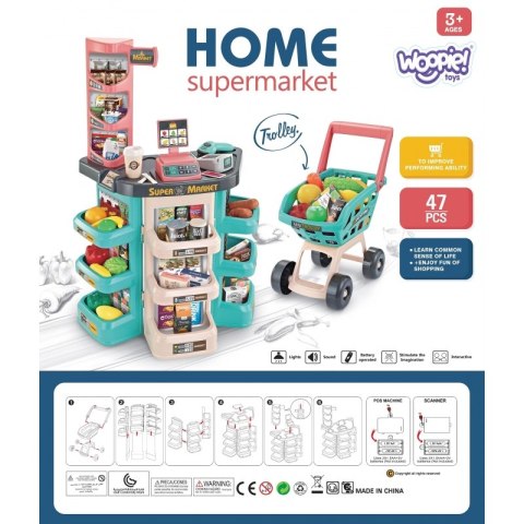 Sklep dla Dzieci Supermarket i Wózek Koszyk Sklepowy Kasa Waga Skaner 47 akc
