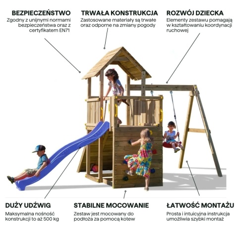Drewniany Plac Zabaw dla Dzieci do ogrodu Carol 3 Huśtawka zjeżdżalnia ścianka wspinaczkowa