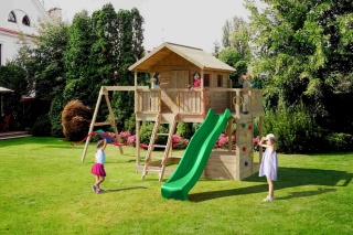 Drewniany Plac Zabaw ogrodowy dla Dzieci Domek Sunshine huśtawka, zjeżdżalnia, ścianka wspinaczkowa