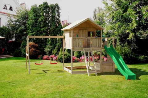 Drewniany Plac Zabaw ogrodowy dla Dzieci Domek Sunshine huśtawka, zjeżdżalnia, ścianka wspinaczkowa