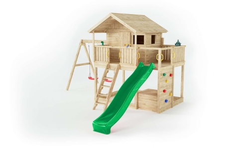 Drewniany Plac Zabaw ogrodowy dla Dzieci Domek Sunshine huśtawka, zjeżdżalnia, ścianka wspinaczkowa