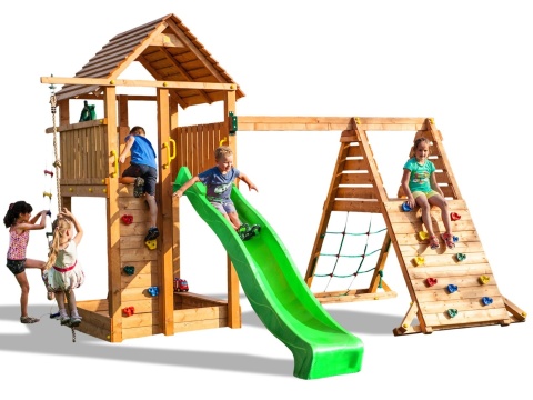 Duży Drewniany Plac Zabaw Domek dla Dzieci zjeżdżalnia , huśtawka, ścianka, siatka i lina wspinaczkowa Fortress Spider