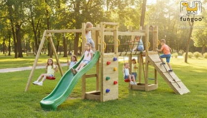 Duży Drewniany Plac Zabaw dla Dzieci Zjeżdżalnia, Huśtawki, ścianka wspinaczkowa, drabinka Maxi Funny