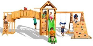 Ogromny Plac Zabaw dla Dzieci Fun Gym huśtawka, domek, zjeżdżalnia, ścianka i lina wspinaczkowa, most