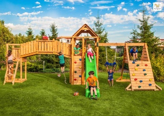 Ogromny Plac Zabaw dla Dzieci Fun Gym huśtawka, domek, zjeżdżalnia, ścianka i lina wspinaczkowa, most