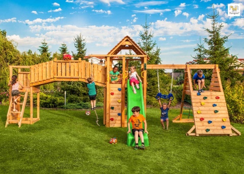 Ogromny Plac Zabaw dla Dzieci Fun Gym huśtawka, domek, zjeżdżalnia, ścianka i lina wspinaczkowa, most