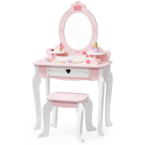 VIGA Duża Toaletka Drewniana Kosmetyczka Biało-Różowa z Lustrem i Krzesełkiem Makijaż