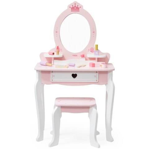 VIGA Duża Toaletka Drewniana Kosmetyczka Biało-Różowa z Lustrem i Krzesełkiem Makijaż