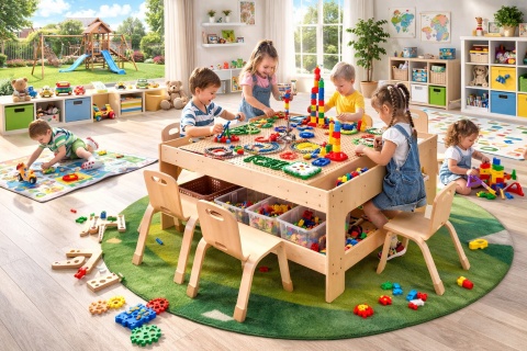 Drewniany Stolik Edukacyjny Kreatywny STEM dla dzieci + AKCESORIA + 135 Klocków do szkoły przedszkola MASTERKIDZ