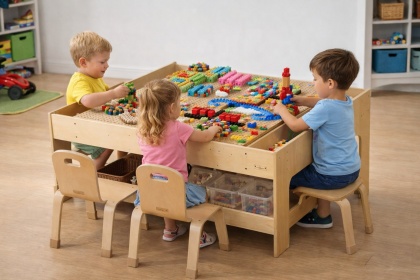 Drewniany Stolik Edukacyjny Kreatywny STEM dla dzieci + AKCESORIA + 135 Klocków do szkoły przedszkola MASTERKIDZ