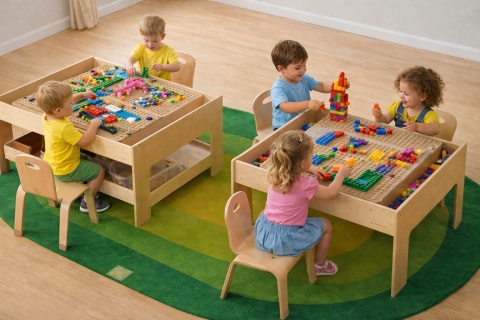 Drewniany Stolik Stół Edukacyjny Kreatywny dla dzieci + AKCESORIA STEM WALL + 135 Klocków MASTERKIDZ