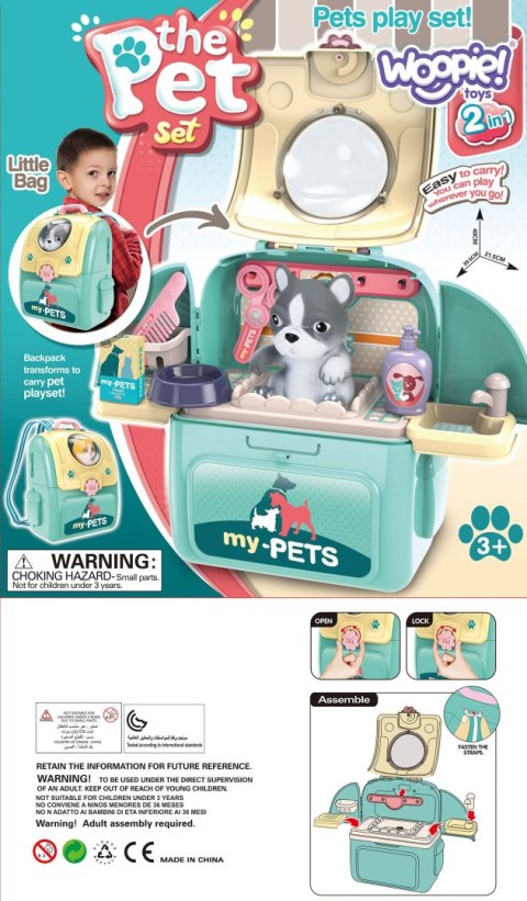 Piesek zabawka Przenosny Zestaw Pielęgnacyjny 2w1 w Plecaku Transporter