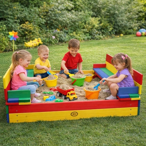 AXI Drewniana Piaskownica Ella Tęczowa Zakrywana z Ławeczkami