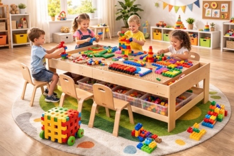 Drewniany Stół Edukacyjny dla dzieci szkoła przedszkole + AKCESORIA STEM + 563 Klocków MASTERKIDZ
