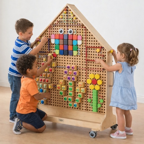 Naukowa Kreatywna Drewniana Tablica STEM dla dzieci Wolnostojąca XXL w Kształcie Domu przedszkole MASTERKIDZ