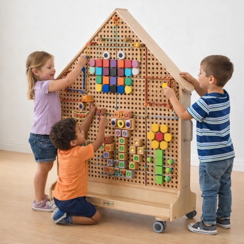 Naukowa Kreatywna Drewniana Tablica STEM dla dzieci Wolnostojąca XXL w Kształcie Domu przedszkole MASTERKIDZ