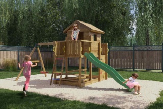 Ogrodowy Plac Zabaw dla dzieci Drewniany Domek ścianka wspinaczkowa Stolik Zjeżdżalnia