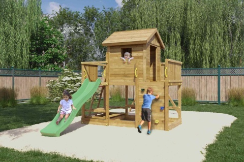 Ogrodowy Plac Zabaw dla dzieci Drewniany Domek ścianka wspinaczkowa Stolik Zjeżdżalnia