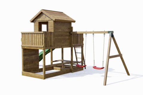 Ogrodowy Plac Zabaw dla dzieci Drewniany Domek ścianka wspinaczkowa Stolik Zjeżdżalnia