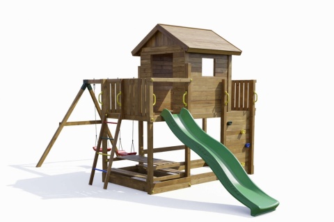 Ogrodowy Plac Zabaw dla dzieci Drewniany Domek ścianka wspinaczkowa Stolik Zjeżdżalnia