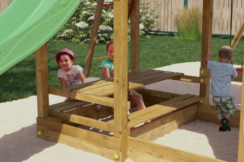 Ogrodowy Plac Zabaw dla dzieci Drewniany Domek ścianka wspinaczkowa Stolik Zjeżdżalnia