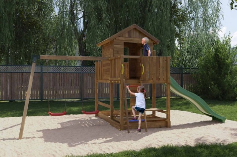 Ogrodowy Plac Zabaw dla dzieci Drewniany Domek ścianka wspinaczkowa Stolik Zjeżdżalnia