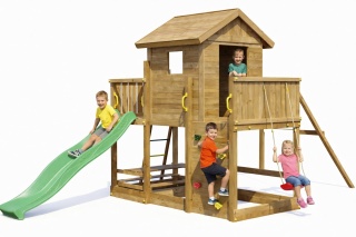 Ogrodowy Plac Zabaw dla dzieci Drewniany Domek ścianka wspinaczkowa Stolik Zjeżdżalnia
