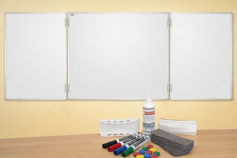 Tablica rozkładana tryptyk ceramiczna magnetyczna suchościeralna w ramie UKF + zestaw startowy do tablic: markery, magnesy