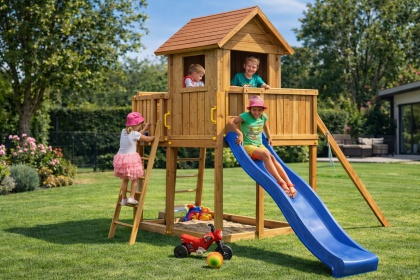 Drewniany Domek Plac Zabaw dla dzieci ze zjeżdzalnią drabinka My House