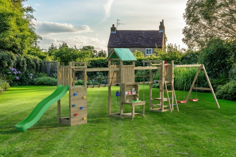 Duży Drewniany Plac Zabaw Ogrodowy dla Dzieci Longer zjeżdżalnia, huśtawki, ścianka wspinaczkowa, kuchnia błotna