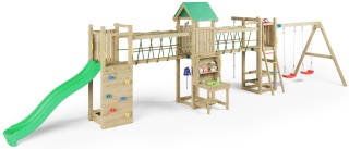 Duży Drewniany Plac Zabaw Ogrodowy dla Dzieci Longer zjeżdżalnia, huśtawki, ścianka wspinaczkowa, kuchnia błotna