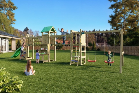 Duży Drewniany Plac Zabaw Ogrodowy dla Dzieci Longer zjeżdżalnia, huśtawki, ścianka wspinaczkowa, kuchnia błotna