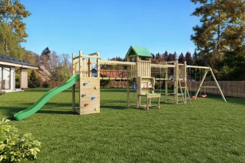 Duży Drewniany Plac Zabaw Ogrodowy dla Dzieci Longer zjeżdżalnia, huśtawki, ścianka wspinaczkowa, kuchnia błotna