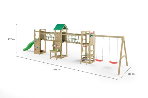 Duży Drewniany Plac Zabaw Ogrodowy dla Dzieci Longer zjeżdżalnia, huśtawki, ścianka wspinaczkowa, kuchnia błotna