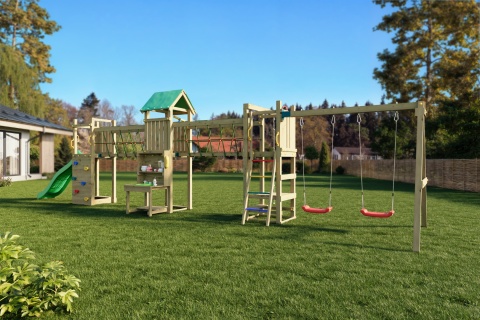 Duży Drewniany Plac Zabaw Ogrodowy dla Dzieci Longer zjeżdżalnia, huśtawki, ścianka wspinaczkowa, kuchnia błotna