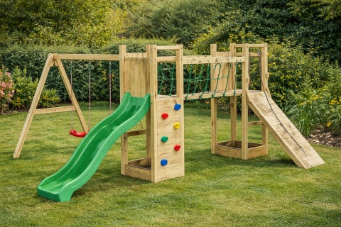 Duży Drewniany Plac Zabaw dla Dzieci Zjeżdżalnia, Huśtawki, ścianka wspinaczkowa, drabinka Maxi Funny