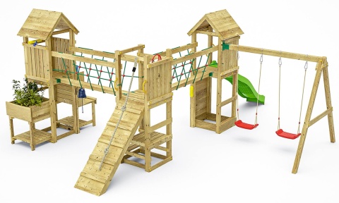 Duży Plac Zabaw Dla Dzieci do Ogrodu XXL Optimizer huśtawki, zjeżdżalnia, kuchnia, stół piknikowy, most, ścianka, wspinaczka