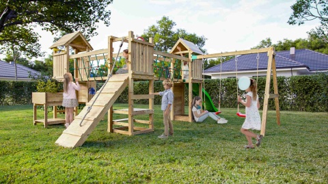 Duży Plac Zabaw Dla Dzieci do Ogrodu XXL Optimizer huśtawki, zjeżdżalnia, kuchnia, stół piknikowy, most, ścianka, wspinaczka