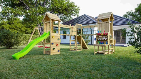 Duży Plac Zabaw Dla Dzieci do Ogrodu XXL Optimizer huśtawki, zjeżdżalnia, kuchnia, stół piknikowy, most, ścianka, wspinaczka