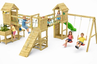 Duży Plac Zabaw Dla Dzieci do Ogrodu XXL Optimizer huśtawki, zjeżdżalnia, kuchnia, stół piknikowy, most, ścianka, wspinaczka