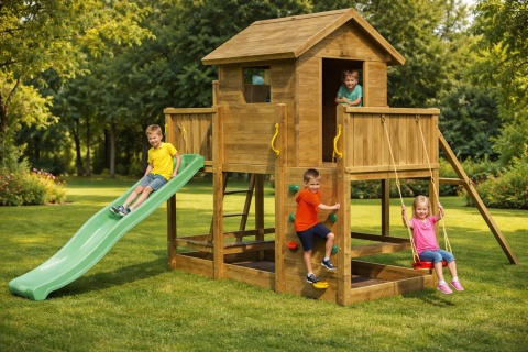 Ogrodowy Plac Zabaw dla dzieci Drewniany Domek ścianka wspinaczkowa Stolik Zjeżdżalnia