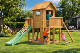 Ogrodowy Plac Zabaw dla dzieci Drewniany Domek ścianka wspinaczkowa Stolik Zjeżdżalnia