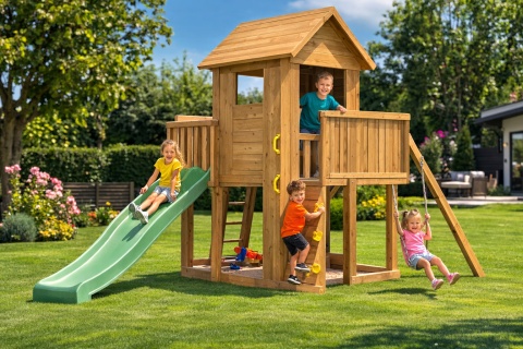 Ogrodowy Plac Zabaw dla dzieci Drewniany Domek ścianka wspinaczkowa Stolik Zjeżdżalnia