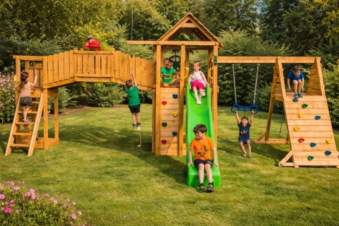 Ogromny Plac Zabaw dla Dzieci Fun Gym huśtawka, domek, zjeżdżalnia, ścianka i lina wspinaczkowa, most